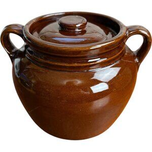 Vintage Brown Glazed Stoneware Bean Pot w/ Lid 2‑Handle Crock Made in USA